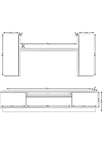Trio 5ds Mdf Tv Ünitesi Tv Sehpası - Beyaz - Antrasit