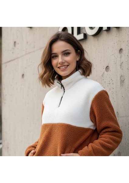 Kadın Yarım Fermuarlı Peluş Sweatshirt – Rahat ve Sıcak Kışlık Üst modelleri