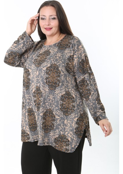 Kadın Yünlü Viskon Likralı Desenli Büyük Beden Tunik