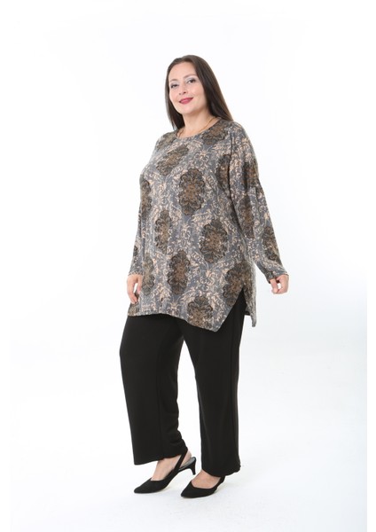Kadın Yünlü Viskon Likralı Desenli Büyük Beden Tunik
