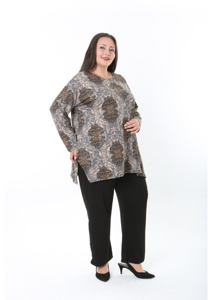 Kadın Yünlü Viskon Likralı Desenli Büyük Beden Tunik