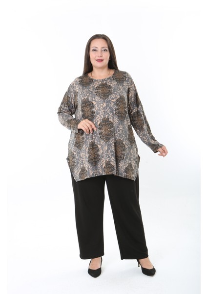 Kadın Yünlü Viskon Likralı Desenli Büyük Beden Tunik