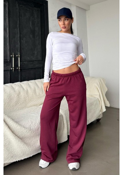Bordo Bol Paça Kadın Eşofman Altı %65 Pamuk %35 Polyester Geniş Paça Tasarım