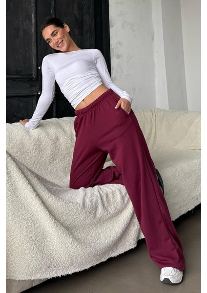 Bordo Bol Paça Kadın Eşofman Altı %65 Pamuk %35 Polyester Geniş Paça Tasarım fiyatları