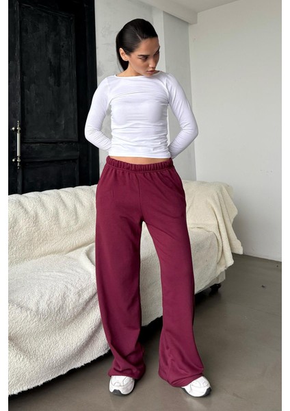 Bordo Bol Paça Kadın Eşofman Altı %65 Pamuk %35 Polyester Geniş Paça Tasarım modelleri