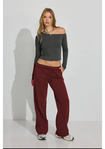 Bordo Bol Paça Kadın Eşofman Altı %65 Pamuk %35 Polyester Geniş Paça Tasarım fırsatları