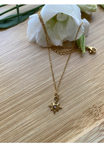 Çelik Zirkon Taşlı Altın Renkli Yıldız Kolye