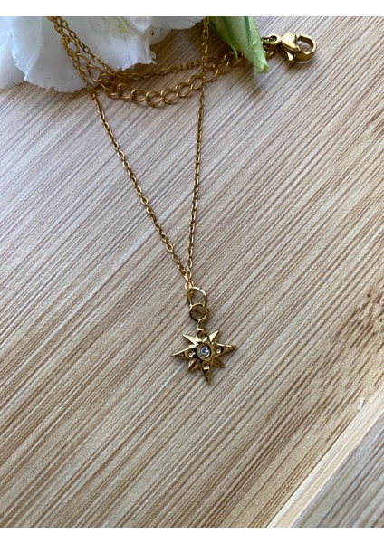 Çelik Zirkon Taşlı Altın Renkli Yıldız Kolye fiyatları