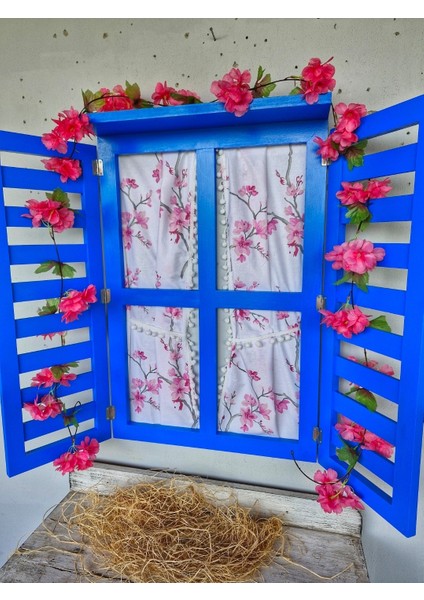Balkon Dekoru İçin Dekoratif Ahşap Pencere, Mavi Duvar Dekoru,100×75 Perdeli, fiyatları