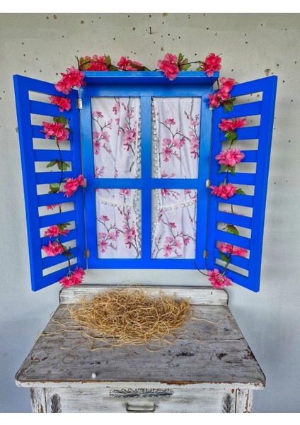 Balkon Dekoru İçin Dekoratif Ahşap Pencere, Mavi Duvar Dekoru,100×75 Perdeli,