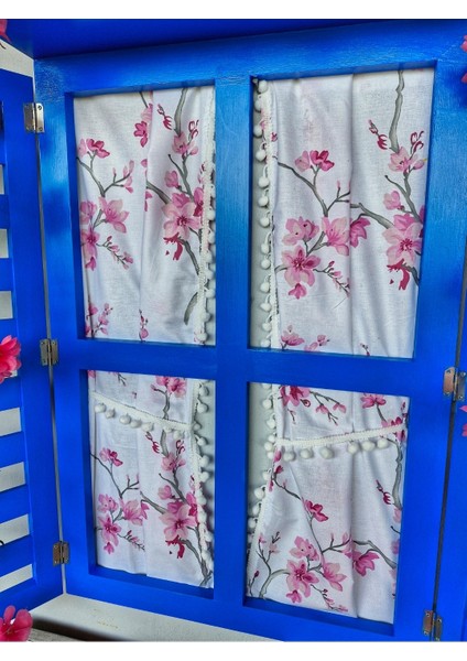 Balkon Dekoru İçin Dekoratif Ahşap Pencere, Mavi Duvar Dekoru,100×75 Perdeli, modelleri