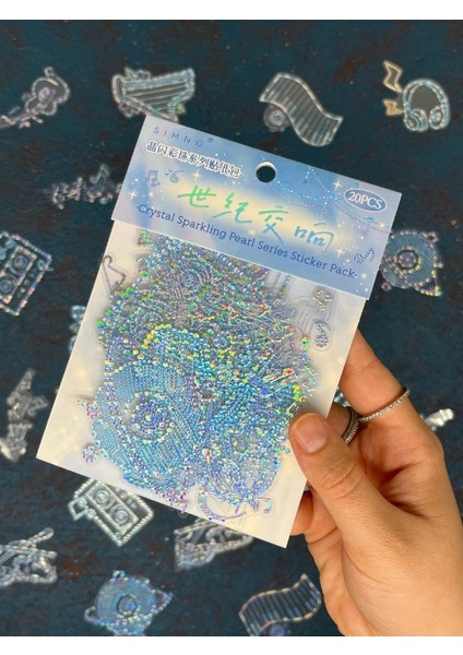 20 Adet 3D Kristal Işıltılı Inci Serisi Mavi Paket Sticker Seti / Etiket / Çıkartma / Su Geçirmez