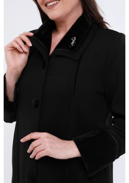 Çelik Örgü Kadın Büyük Beden Kürklü Tesettür Kalın Hırka Kışlık Anne Triko Pardesü