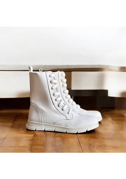 Beyaz Deri Bağcıklı Içten Fermuarlı Kadın Bot
