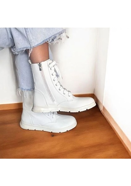 Beyaz Deri Bağcıklı Içten Fermuarlı Kadın Bot modelleri