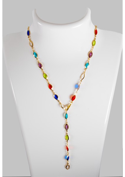 Oval Renkli Taşlı Y Model Kadın Kolye/ Bileklik, Uzunluğu 49 Cm fiyatları