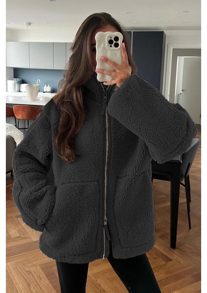 Kadın Füme Peluş Mont Uzun Kol Fermuarlı Yaka Cepli Çok Kalın Model MG1966 indirimleri