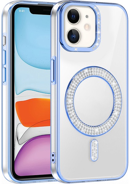 - Apple iPhone 11 Kılıf Pırlanta Taş Tasarımlı M-Safe Şarj Özellikli Karetta Silikon Kapak - Gümüş - T36388