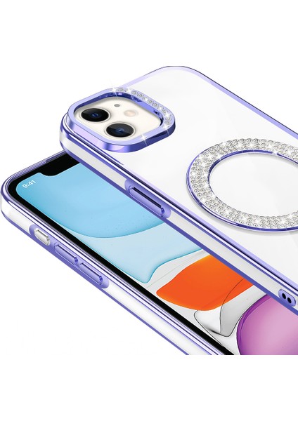 - Apple iPhone 11 Kılıf Pırlanta Taş Tasarımlı M-Safe Şarj Özellikli Karetta Silikon Kapak - Rose Gold - T36388