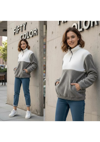 Kadın Yarım Fermuarlı Peluş Sweatshirt – Rahat ve Sıcak Kışlık Üst