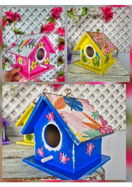 El Boyaması Ahşap Kuş Evleri, 3 Adet ,12*12*12 cm Lik,Bahçe Balkon Dekorasyonu İçin Kuş Yuvası
