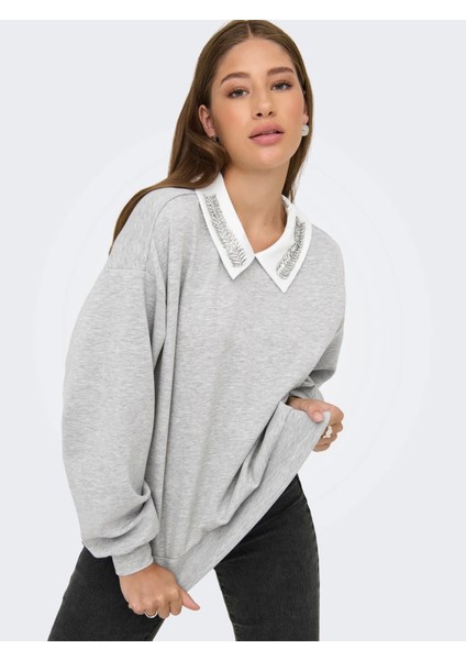15356097 Yaka Tas Isli Kadin Sweat - Gri
