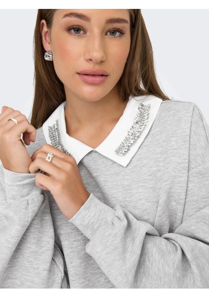 15356097 Yaka Tas Isli Kadin Sweat - Gri