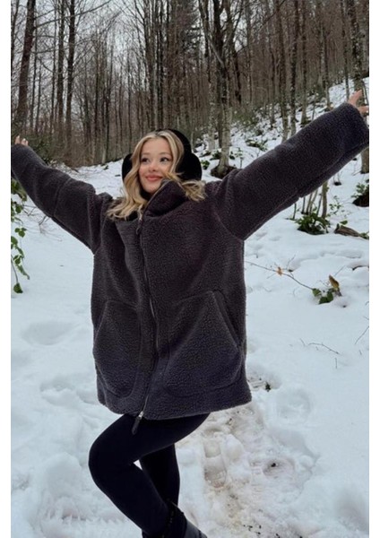 Füme Dik Yakalı Cepli Peluş Mont MG1966