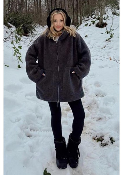 Füme Dik Yakalı Cepli Peluş Mont MG1966 modelleri