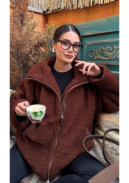 Acı Kahverengi Dik Yakalı Cepli Peluş Mont MG1966