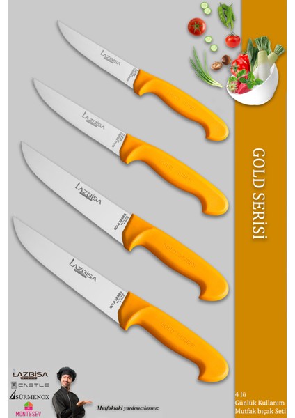 Gold Serisi Mutfak Bıçak Seti Et Ekmek Sebze Bıçağı 4 Lü Set Günlük Kullanım ( Mtf-007)