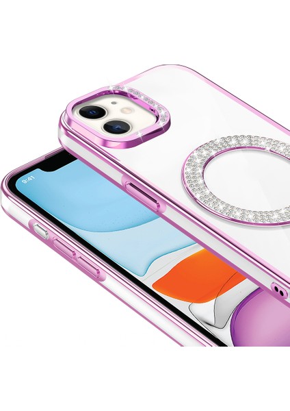 - Apple iPhone 11 Kılıf Pırlanta Taş Tasarımlı M-Safe Şarj Özellikli Karetta Silikon Kapak - Siyah - T36388