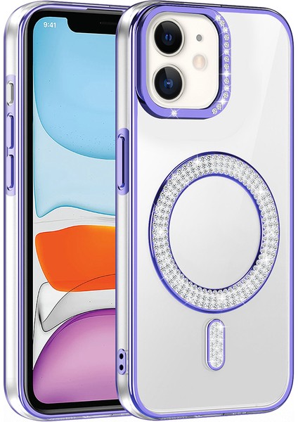 - Apple iPhone 11 Kılıf Pırlanta Taş Tasarımlı M-Safe Şarj Özellikli Karetta Silikon Kapak - Siyah - T36388