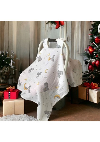 Oeko Belgeli Gri Muslin Kumaş Çıtçıtlı Puset Örtüsü – Bulut ve Hayvan Desenli, Bebek Arabası ve Ana Kucağı İçin