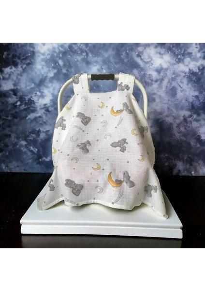 Oeko Belgeli Gri Muslin Kumaş Çıtçıtlı Puset Örtüsü – Bulut ve Hayvan Desenli, Bebek Arabası ve Ana Kucağı İçin