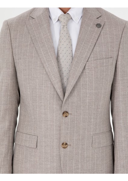 Erkek Bej Slim Fit Çizgili Yün Kaşmir Karışımlı Takım Elbise 50295308-VR011