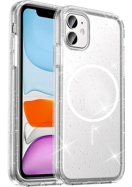 - Apple iPhone 11 Kılıf M-Safe Şarj Özellikli Parlayan Simli Saydam Renkli Maris Kapak - Şeffaf - T38268