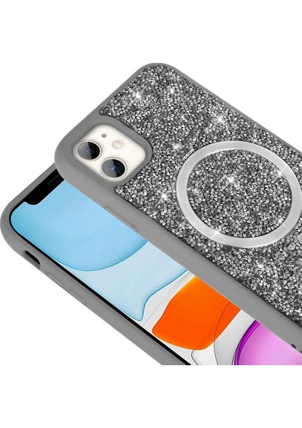 - Apple iPhone 11 Kılıf Pırlanta Tasarımlı M-Safe Şarj Özellikli Mozaik Silikon Kapak - Desert Titanyum - T36331