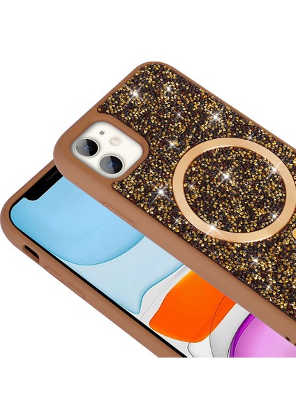 - Apple iPhone 11 Kılıf Pırlanta Tasarımlı M-Safe Şarj Özellikli Mozaik Silikon Kapak - Desert Titanyum - T36331