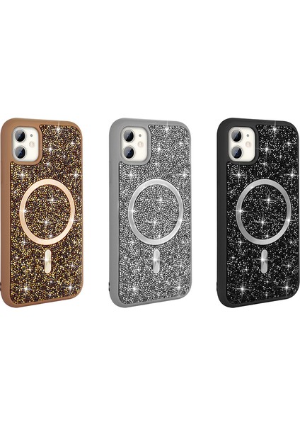 - Apple iPhone 11 Kılıf Pırlanta Tasarımlı M-Safe Şarj Özellikli Mozaik Silikon Kapak - Desert Titanyum - T36331