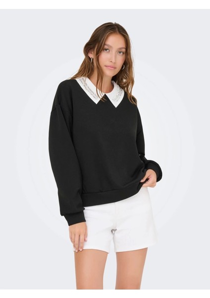 15356097 Yaka Tas Isli Kadin Sweat - Siyah