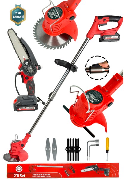KİMMEER PLUS LM-S 21 Volt 2x Akülü Şarjlı Ağaç Dal Kesme Budama Testeresi Ot Çayır Çim Biçme Kesme Makinesi