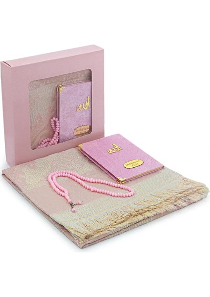 Kutulu Isimli Kadife Yasin Kitabı Tesbihli Seccade Seti Pembe