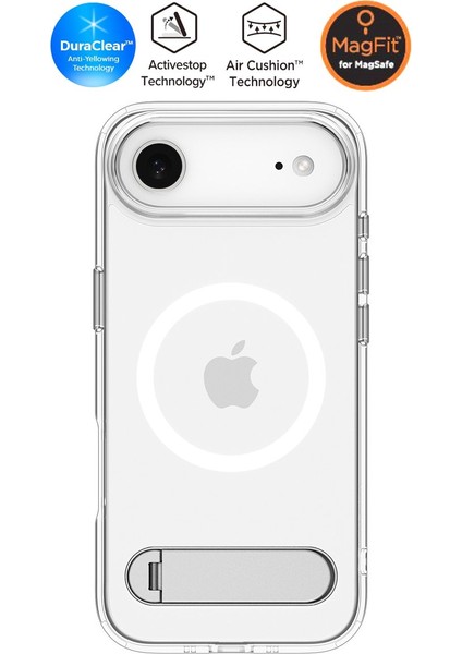 iPhone Air ile uyumlu ince MagSafe Kılıf Ultra Hybrid S Metal Stand'lı Sararma Karşıtı DuraClear™ Hava Kanalı Teknolojisi™ Askeri Sınıf Koruma MagFit Clear White Şeffaf Kapak - ACS09926