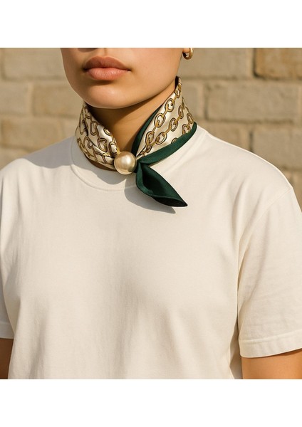 Parlak Saten Kumaş Inci Detaylı Şık Fular Kolye