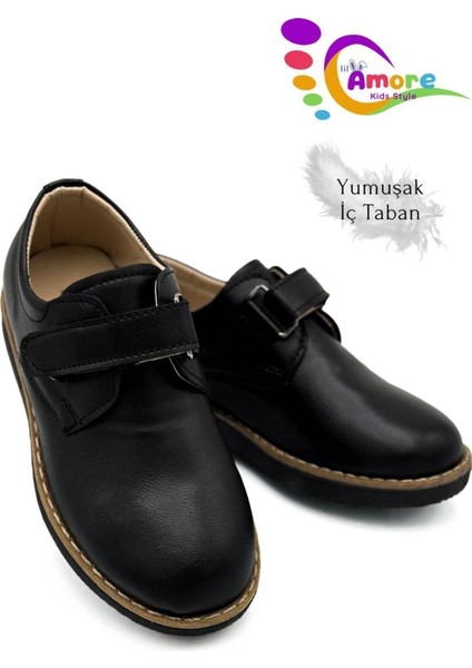 Cırtlı Okul Ayakkabısı Erkek Çocuk Suni Deri Kaymaz Tabanlı Siyah 31-35 Numara