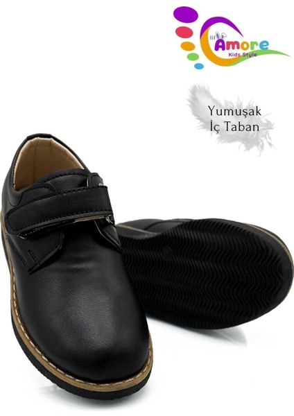 Cırtlı Okul Ayakkabısı Erkek Çocuk Suni Deri Kaymaz Tabanlı Siyah 31-35 Numara