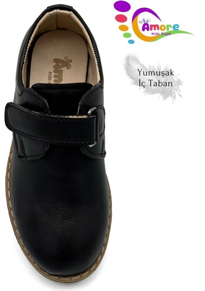 Cırtlı Okul Ayakkabısı Erkek Çocuk Suni Deri Kaymaz Tabanlı Siyah 31-35 Numara