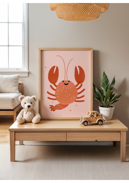 Happy Lobster - Doğal Ahşap Çerçeveli Tablo - Renkli Çocuk Posteri