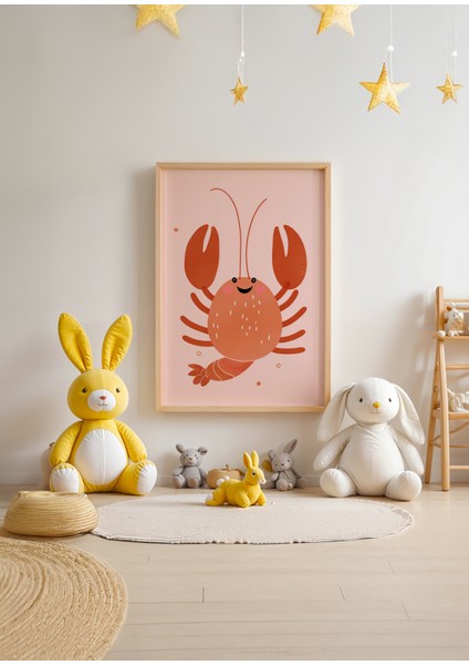 Happy Lobster - Doğal Ahşap Çerçeveli Tablo - Renkli Çocuk Posteri modelleri